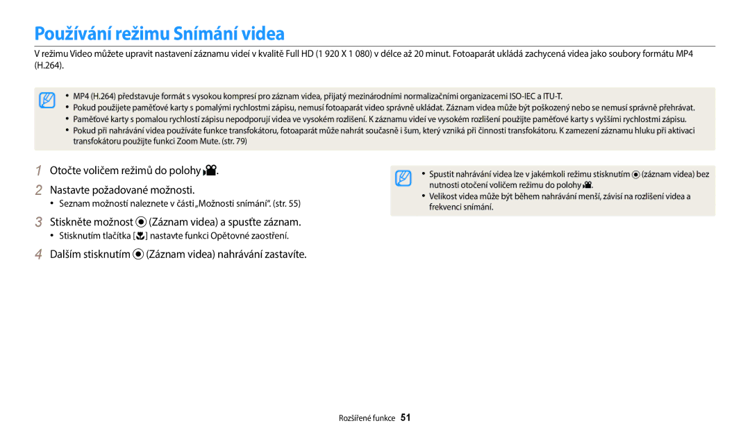 Samsung EC-WB2100BPBE3 manual Používání režimu Snímání videa, Stiskněte možnost Záznam videa a spusťte záznam 