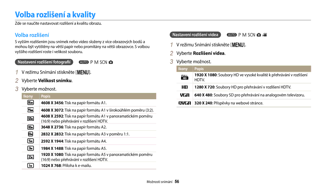 Samsung EC-WB2100BPBE3 manual Volba rozlišení a kvality, Vyberte Velikost snímku, Vyberte Rozlišení videa 