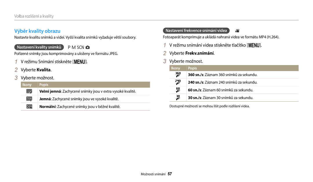 Samsung EC-WB2100BPBE3 manual Výběr kvality obrazu, Režimu Snímání stiskněte m Vyberte Kvalita Vyberte možnost 