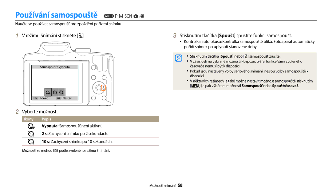 Samsung EC-WB2100BPBE3 manual Používání samospouště, Režimu Snímání stiskněte t 