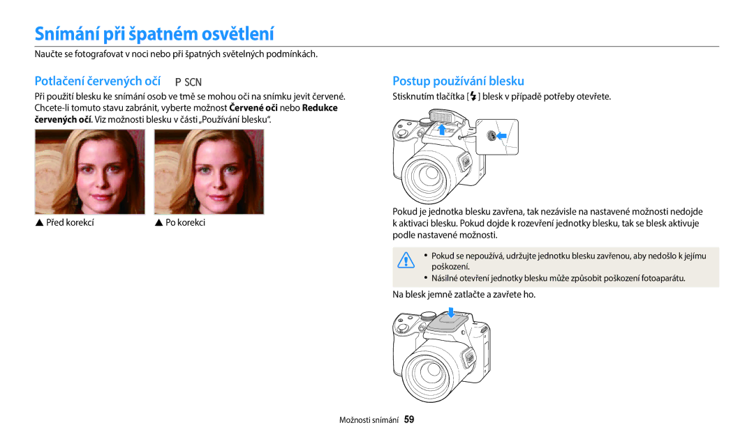 Samsung EC-WB2100BPBE3 manual Snímání při špatném osvětlení, Potlačení červených očí, Postup používání blesku 