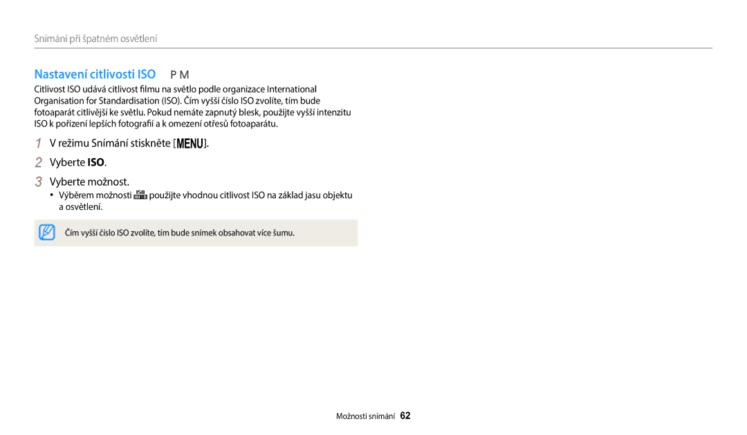 Samsung EC-WB2100BPBE3 manual Nastavení citlivosti ISO, Režimu Snímání stiskněte m Vyberte ISO Vyberte možnost 