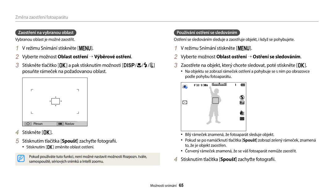 Samsung EC-WB2100BPBE3 manual Vyberte možnost Oblast ostření → Výběrové ostření, Vybranou oblast je možné zaostřit 