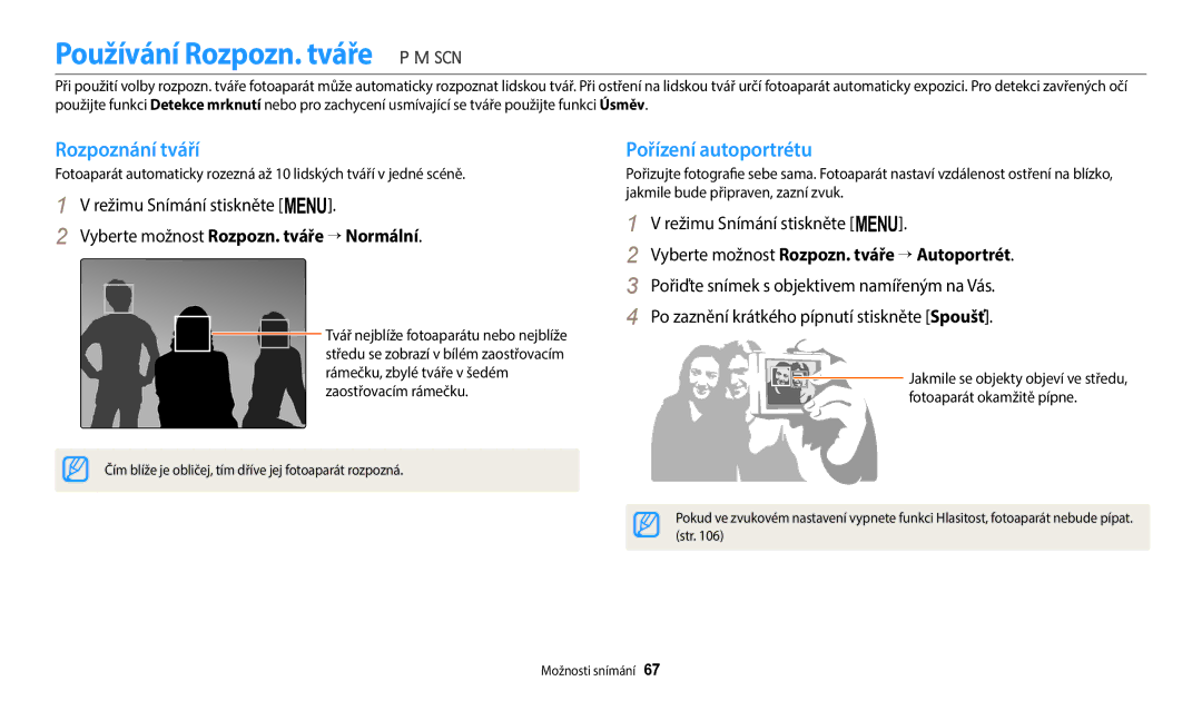 Samsung EC-WB2100BPBE3 manual Používání Rozpozn. tváře, Rozpoznání tváří, Pořízení autoportrétu 