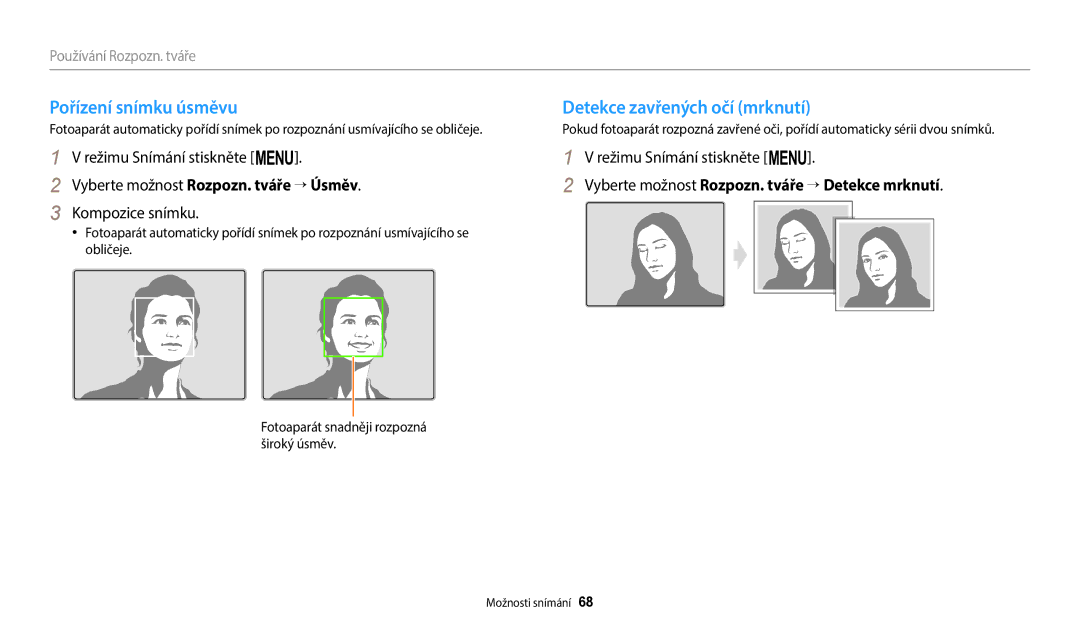 Samsung EC-WB2100BPBE3 manual Pořízení snímku úsměvu, Detekce zavřených očí mrknutí, Vyberte možnost Rozpozn. tváře → Úsměv 