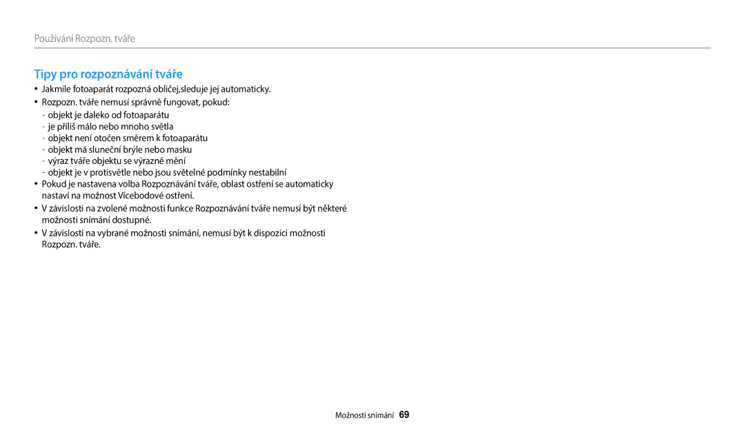 Samsung EC-WB2100BPBE3 manual Tipy pro rozpoznávání tváře 