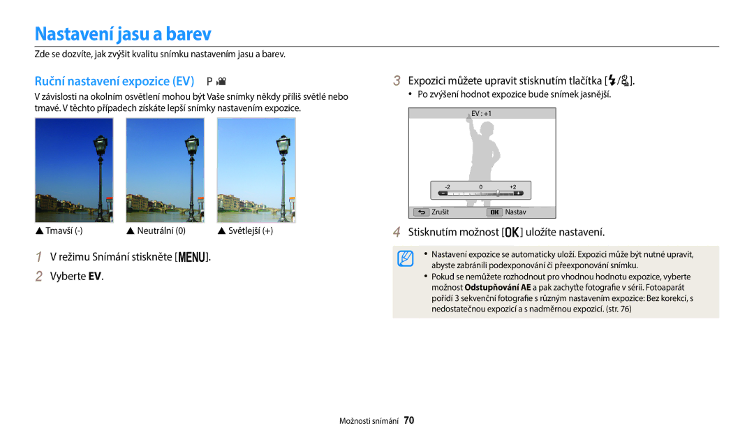 Samsung EC-WB2100BPBE3 manual Nastavení jasu a barev, Ruční nastavení expozice EV, Režimu Snímání stiskněte m Vyberte EV 