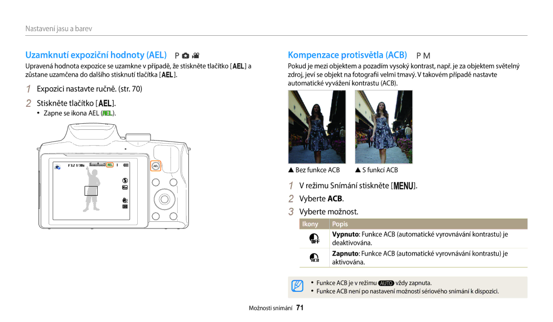 Samsung EC-WB2100BPBE3 manual Uzamknutí expoziční hodnoty AEL, Kompenzace protisvětla ACB 