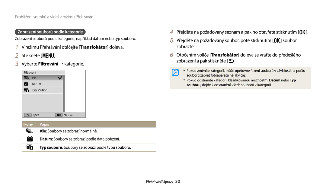 Samsung EC-WB2100BPBE3 manual Zobrazení souborů podle kategorie, Vše Soubory se zobrazí normálně 