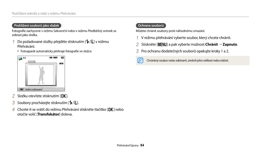 Samsung EC-WB2100BPBE3 Prohlížení souborů jako složek, Ochrana souborů, Můžete chránit soubory proti náhodnému smazání 