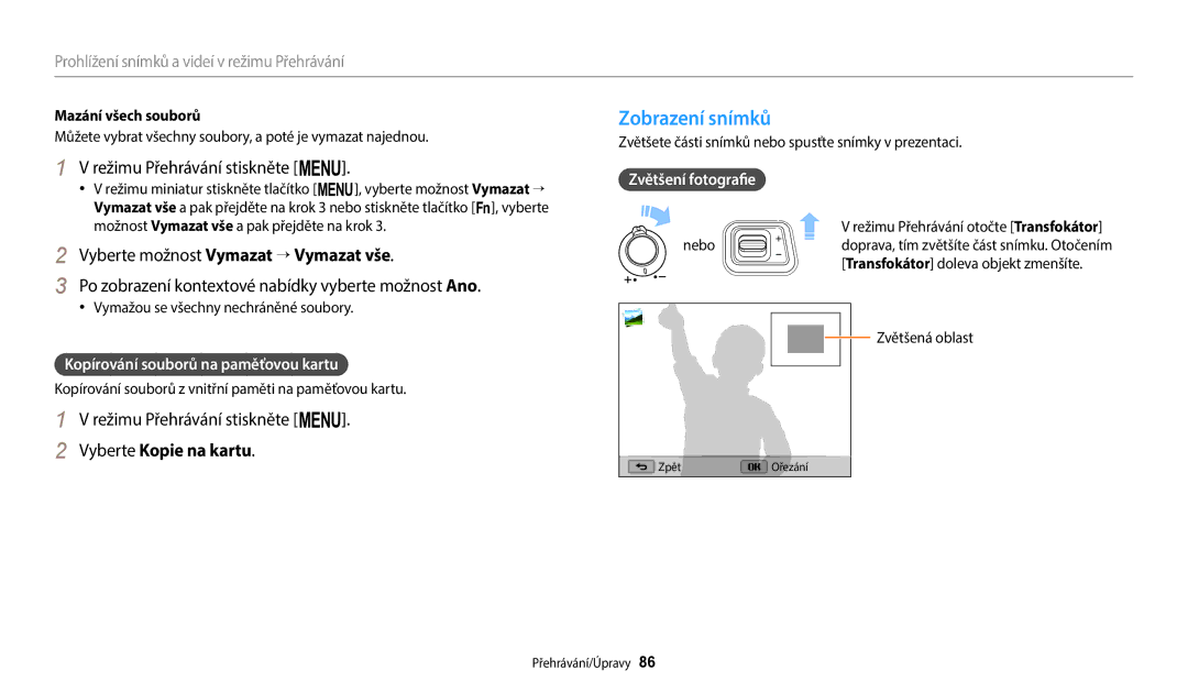 Samsung EC-WB2100BPBE3 manual Zobrazení snímků, Režimu Přehrávání stiskněte m, Vyberte Kopie na kartu, Zvětšení fotografie 