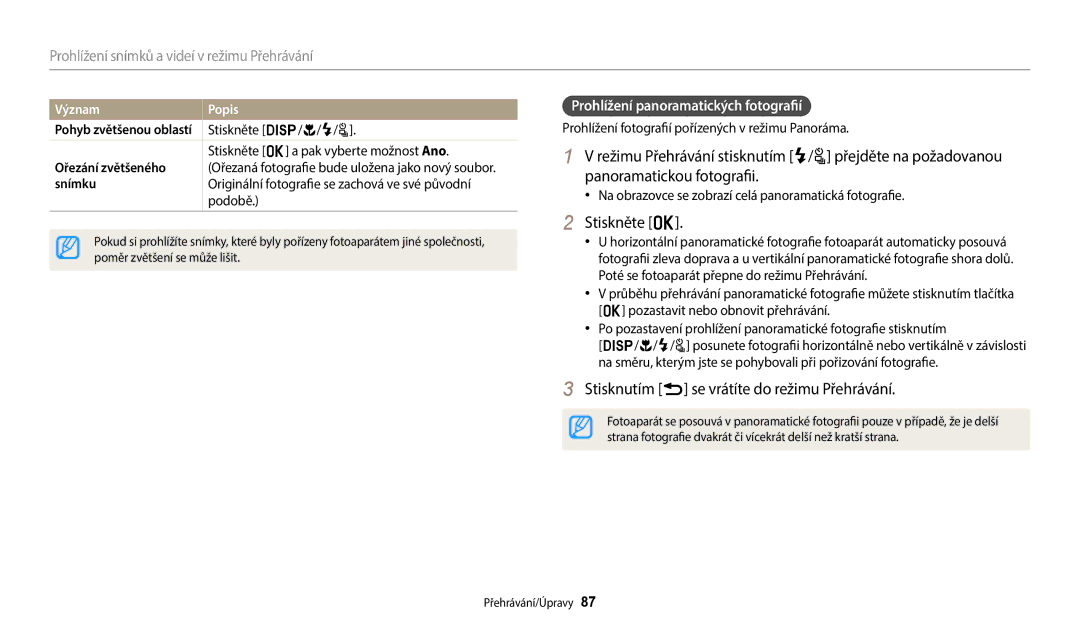 Samsung EC-WB2100BPBE3 Stiskněte o, Stisknutím r se vrátíte do režimu Přehrávání, Prohlížení panoramatických fotografií 