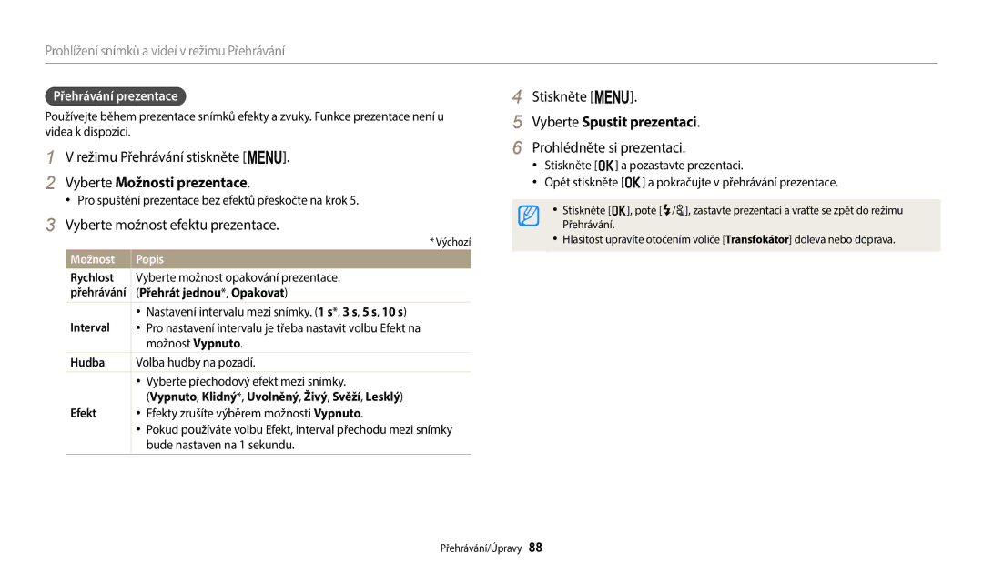 Samsung EC-WB2100BPBE3 manual Vyberte Spustit prezentaci, Prohlédněte si prezentaci, Vyberte Možnosti prezentace 