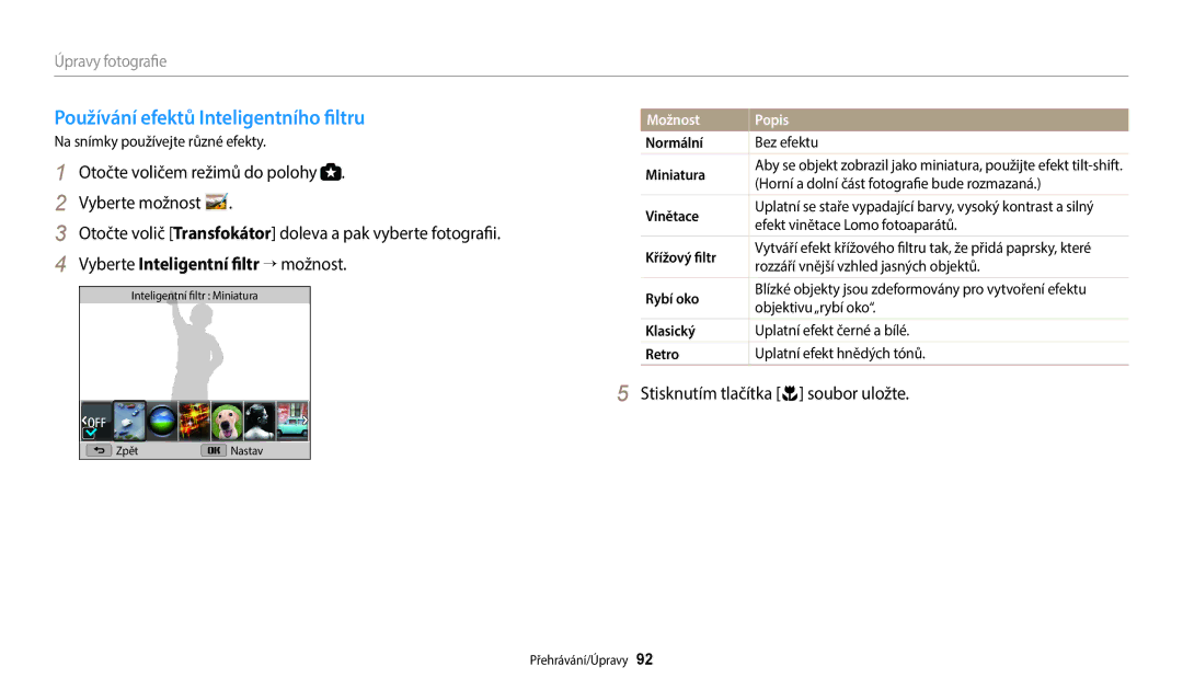 Samsung EC-WB2100BPBE3 Používání efektů Inteligentního filtru, Na snímky používejte různé efekty, Normální, Bez efektu 