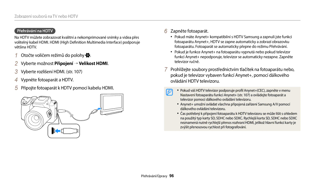 Samsung EC-WB2100BPBE3 manual Vyberte možnost Připojení → Velikost Hdmi, Přehrávání na Hdtv 