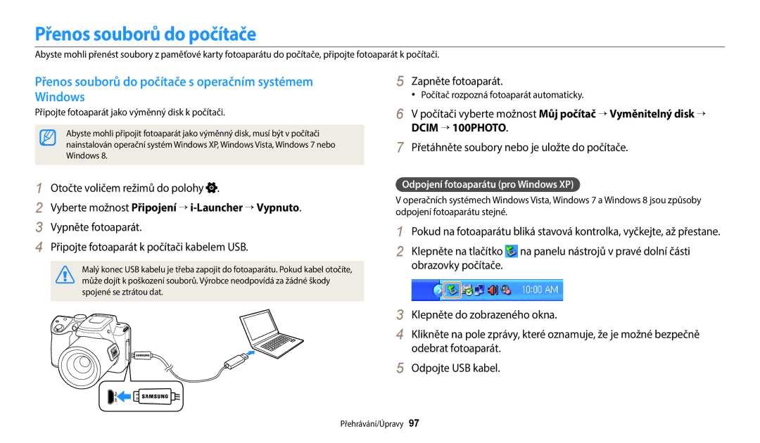 Samsung EC-WB2100BPBE3 Přenos souborů do počítače, Windows, Dcim → 100PHOTO, Připojte fotoaparát k počítači kabelem USB 