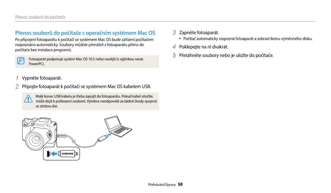 Samsung EC-WB2100BPBE3 manual Přenos souborů do počítače s operačním systémem Mac OS, Vypněte fotoaparát 