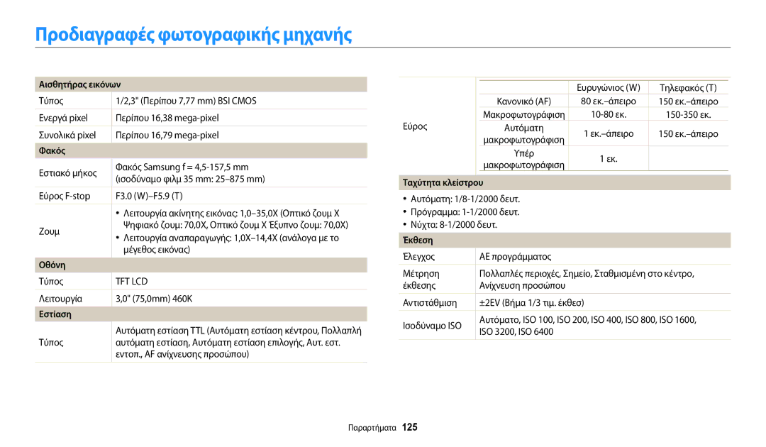 Samsung EC-WB2100BPBE3 manual Προδιαγραφές φωτογραφικής μηχανής 