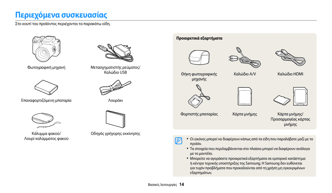 Samsung EC-WB2100BPBE3 manual Περιεχόμενα συσκευασίας, Στο κουτί του προϊόντος περιέχονται τα παρακάτω είδη, Καλώδιο USB 