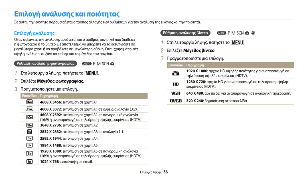 Samsung EC-WB2100BPBE3 manual Επιλογή ανάλυσης και ποιότητας, Επιλέξτε Μέγεθος φωτoγραφίας, Επιλέξτε Μέγεθος βίντεο 