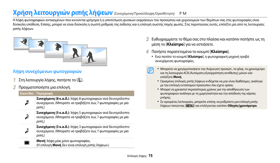 Samsung EC-WB2100BPBE3 manual Λήψη συνεχόμενων φωτογραφιών, Πατήστε παρατεταμένα το κουμπί Κλείστρο 