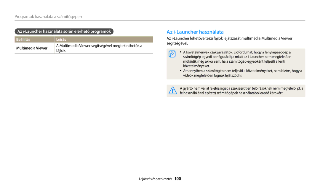 Samsung EC-WB2100BPBE3 Az i-Launcher használata során elérhető programok, Beállítás Leírás Multimedia Viewer, Fájlok 