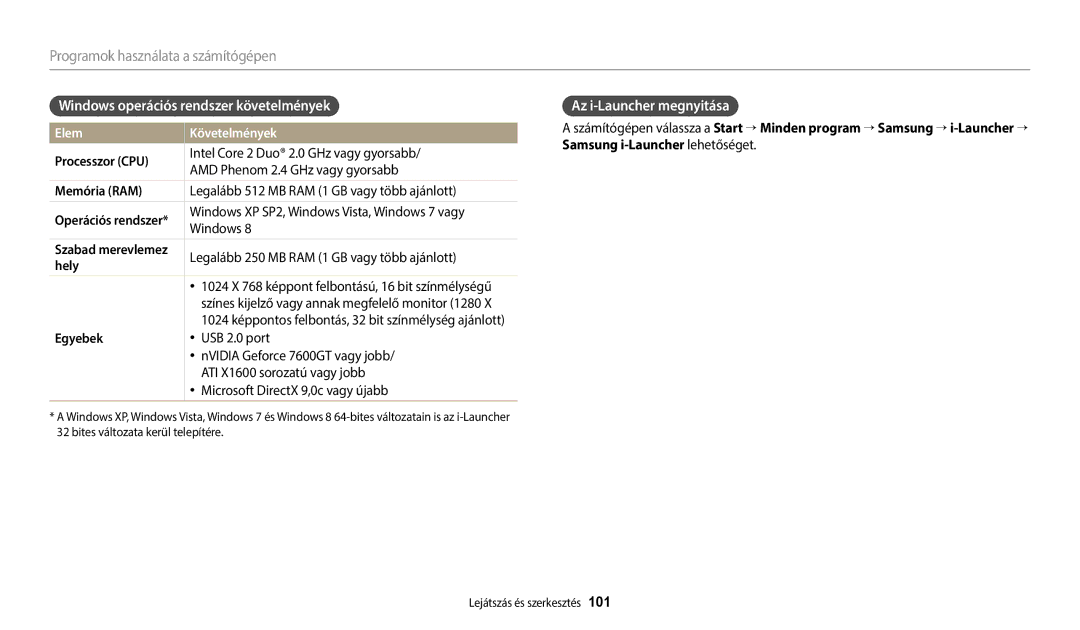 Samsung EC-WB2100BPBE3 manual Windows operációs rendszer követelmények, Az i-Launcher megnyitása, Elem Követelmények 