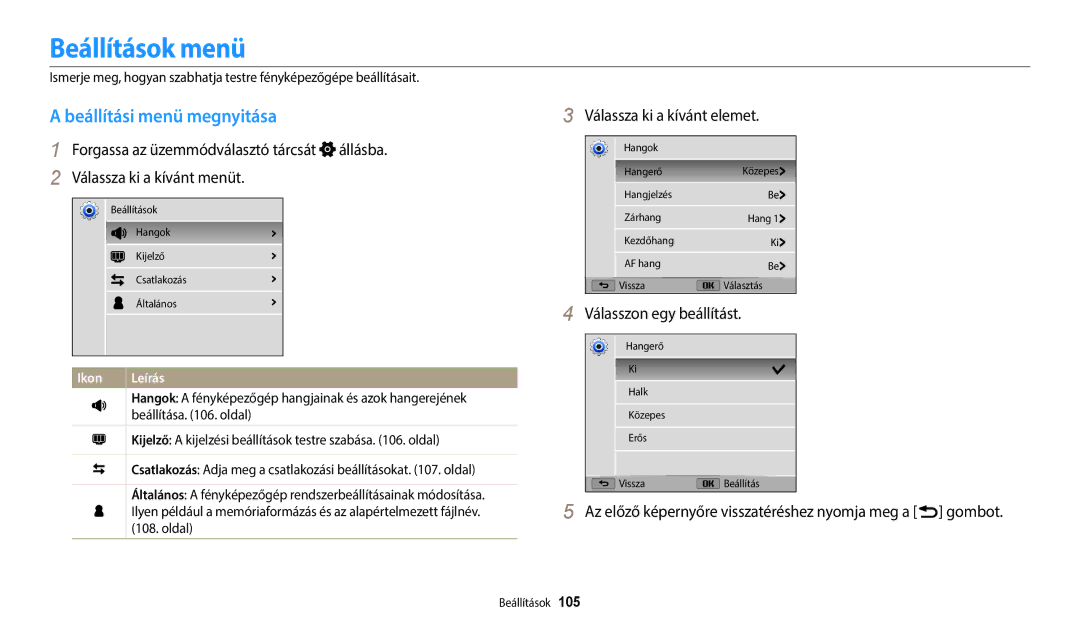 Samsung EC-WB2100BPBE3 manual Beállítások menü, Beállítási menü megnyitása, Válassza ki a kívánt elemet 