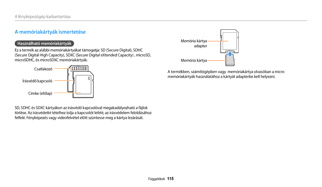 Samsung EC-WB2100BPBE3 Memóriakártyák ismertetése, Használható memóriakártyák, Csatlakozó Írásvédő kapcsoló Címke előlap 