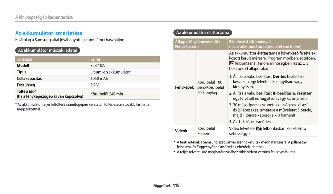 Samsung EC-WB2100BPBE3 manual Az akkumulátor ismertetése, Az akkumulátor műszaki adatai, Az akkumulátor élettartama 