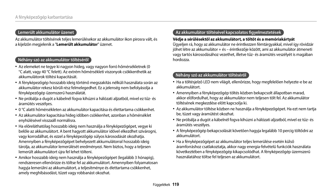 Samsung EC-WB2100BPBE3 manual Lemerült akkumulátor üzenet, Néhány szó az akkumulátor töltéséről 