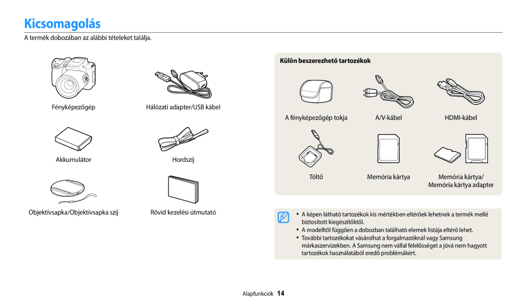 Samsung EC-WB2100BPBE3 manual Kicsomagolás, Külön beszerezhető tartozékok 