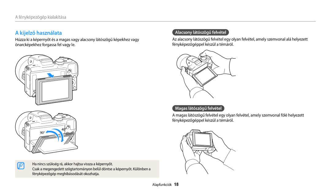 Samsung EC-WB2100BPBE3 manual Kijelző használata, Alacsony látószögű felvétel, Magas látószögű felvétel 