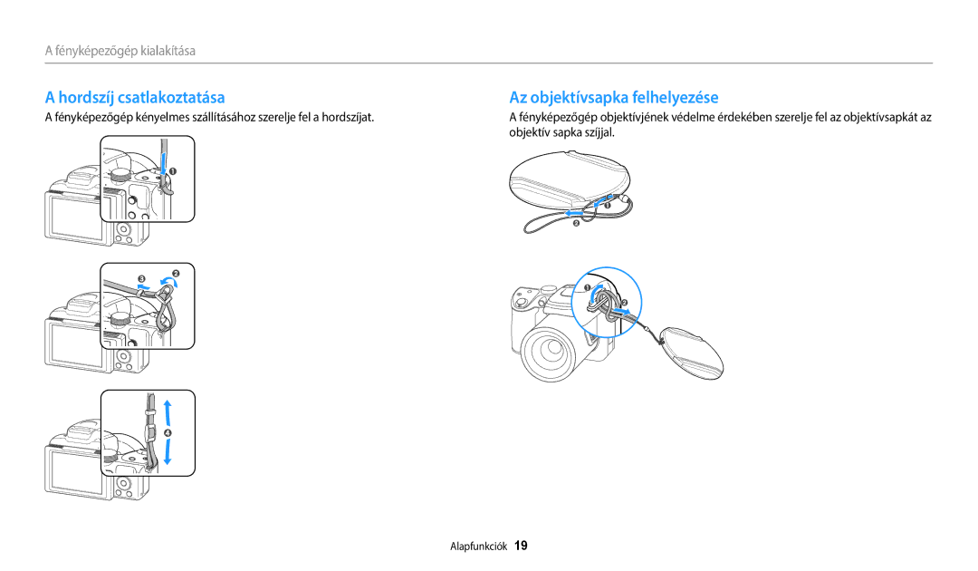 Samsung EC-WB2100BPBE3 manual Hordszíj csatlakoztatása, Az objektívsapka felhelyezése 