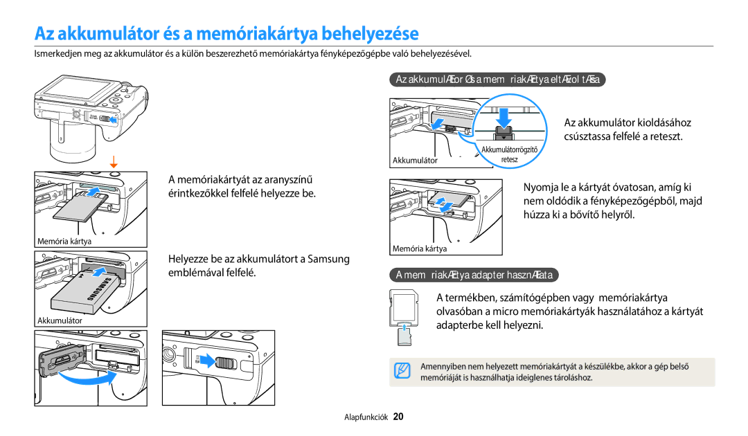 Samsung EC-WB2100BPBE3 manual Az akkumulátor és a memóriakártya behelyezése, Helyezze be az akkumulátort a Samsung 