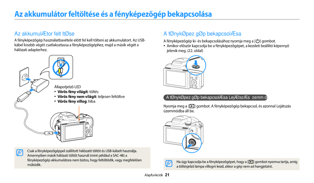 Samsung EC-WB2100BPBE3 Az akkumulátor feltöltése és a fényképezőgép bekapcsolása, Fényképezőgép bekapcsolása, Működik 