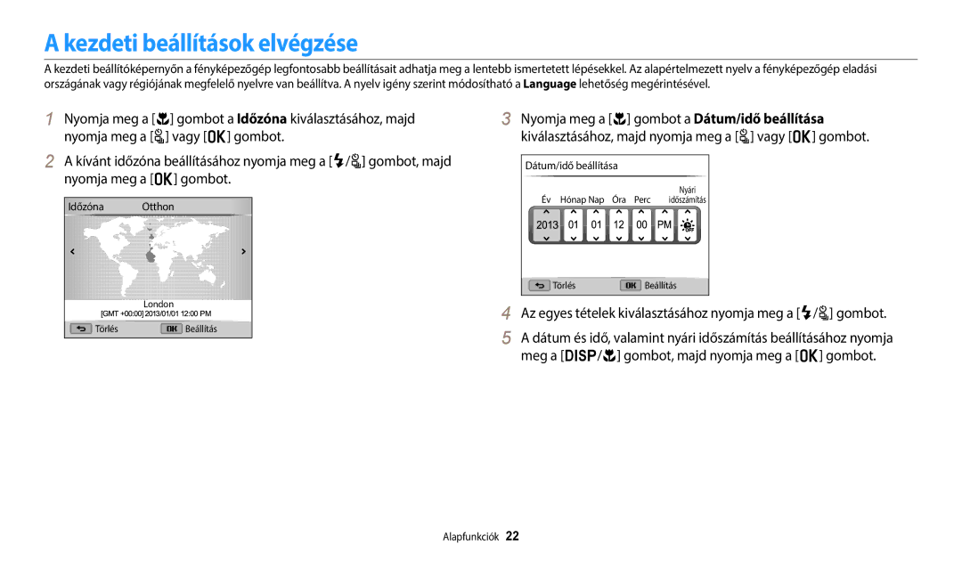 Samsung EC-WB2100BPBE3 manual Kezdeti beállítások elvégzése, Az egyes tételek kiválasztásához nyomja meg a F/t gombot 