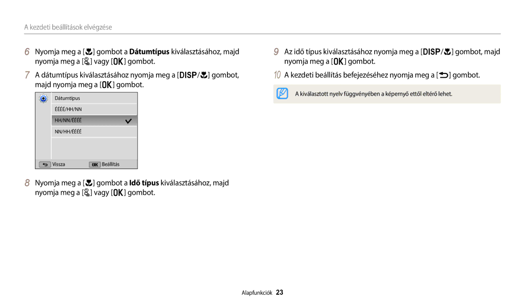 Samsung EC-WB2100BPBE3 manual Kezdeti beállítások elvégzése 