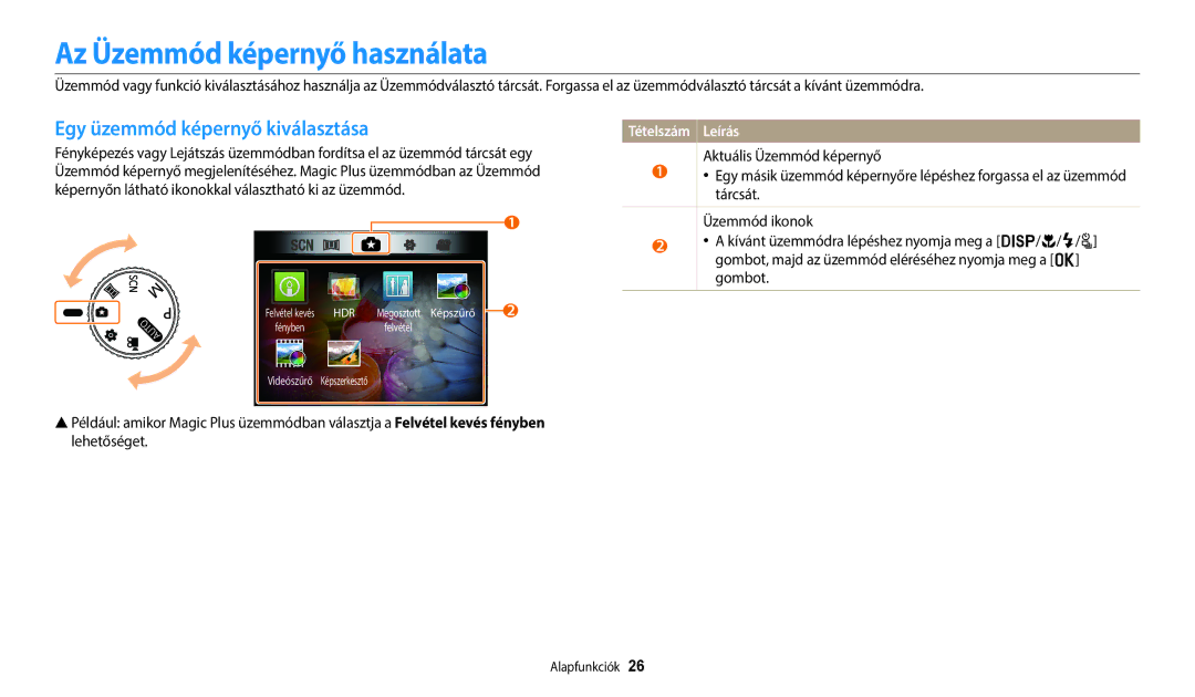 Samsung EC-WB2100BPBE3 manual Az Üzemmód képernyő használata, Egy üzemmód képernyő kiválasztása, Tételszám Leírás 