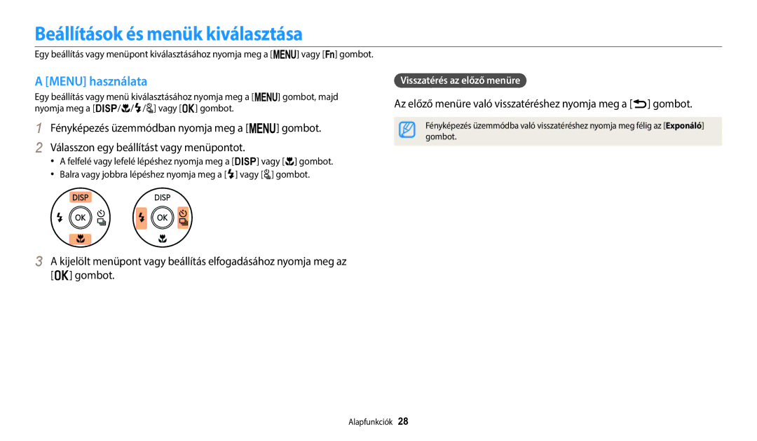 Samsung EC-WB2100BPBE3 manual Beállítások és menük kiválasztása, Menu használata, Visszatérés az előző menüre, Gombot 