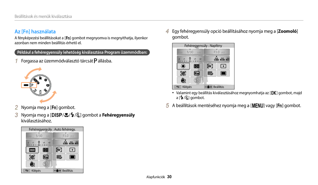 Samsung EC-WB2100BPBE3 Az Fn használata, Beállítások mentéséhez nyomja meg a m vagy s gombot, Fehéregyensúly Auto fehéregy 