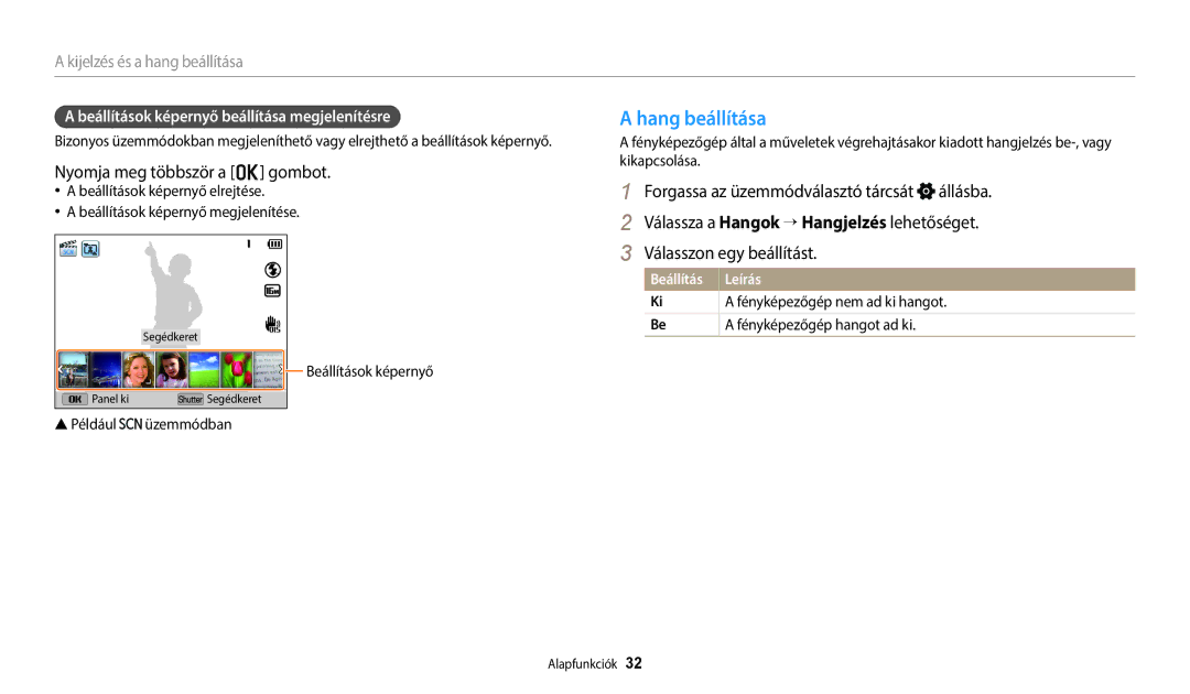 Samsung EC-WB2100BPBE3 Hang beállítása, Nyomja meg többször a o gombot, Beállítások képernyő beállítása megjelenítésre 