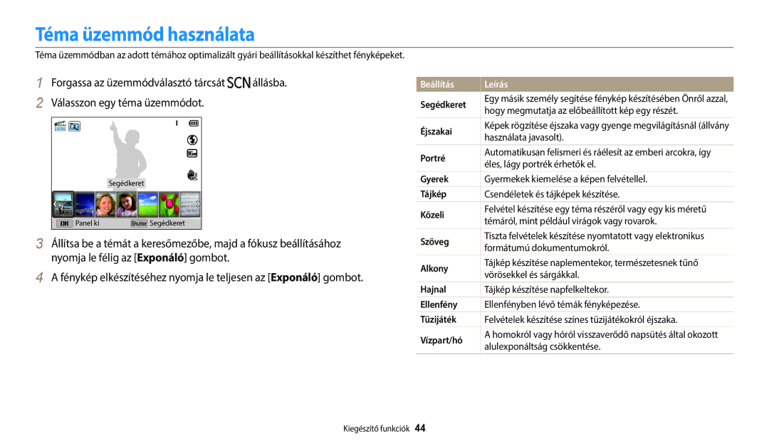 Samsung EC-WB2100BPBE3 manual Téma üzemmód használata, Beállítás Leírás 