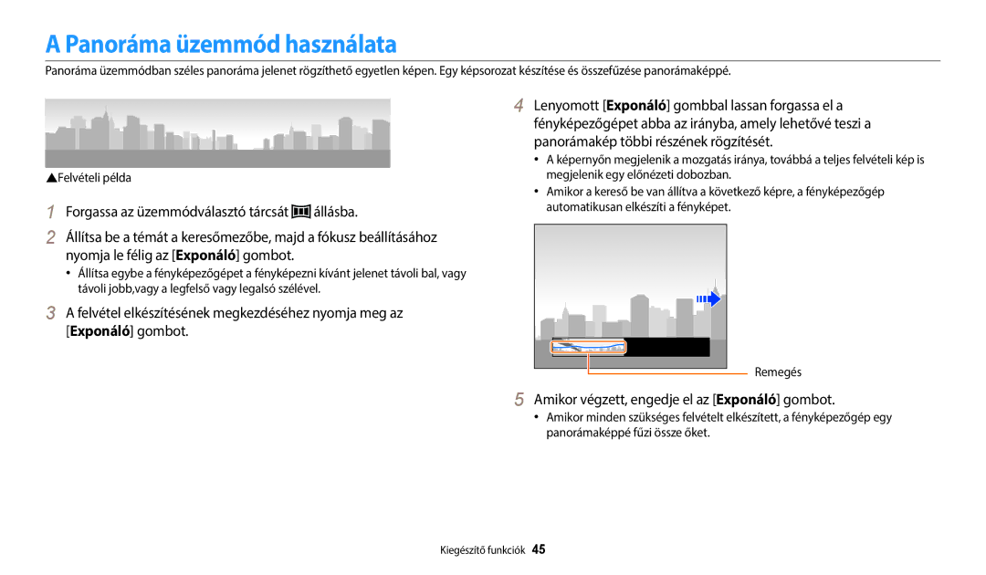 Samsung EC-WB2100BPBE3 manual Panoráma üzemmód használata, Amikor végzett, engedje el az Exponáló gombot 