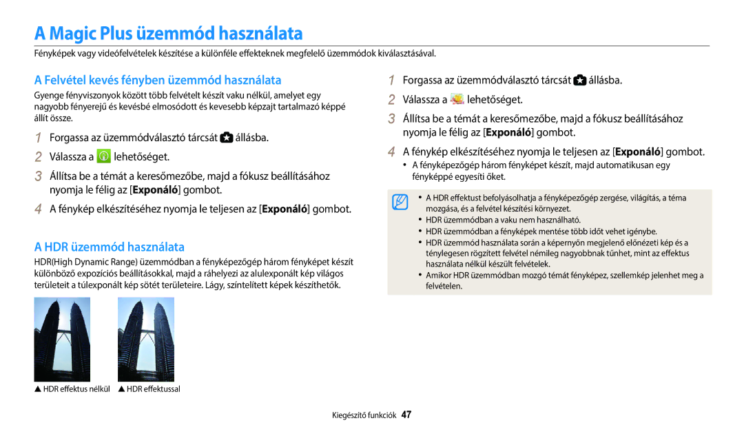 Samsung EC-WB2100BPBE3 Magic Plus üzemmód használata, Felvétel kevés fényben üzemmód használata, HDR üzemmód használata 