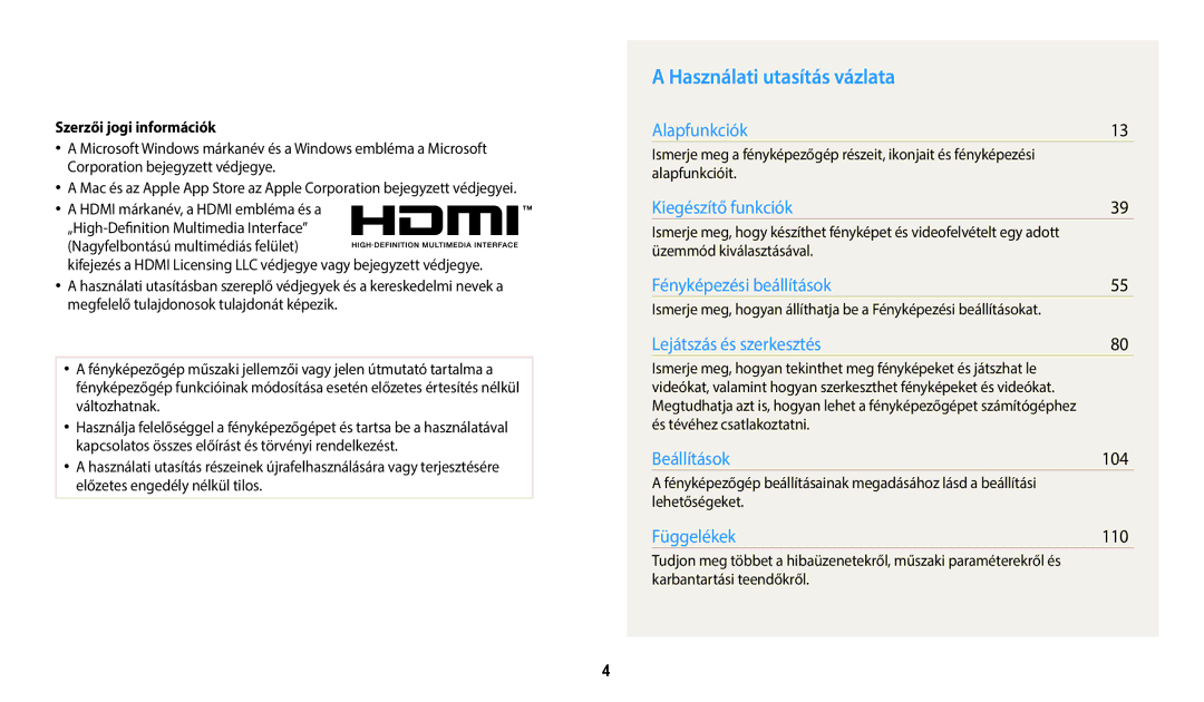 Samsung EC-WB2100BPBE3 manual Használati utasítás vázlata, 104, 110, Szerzői jogi információk 