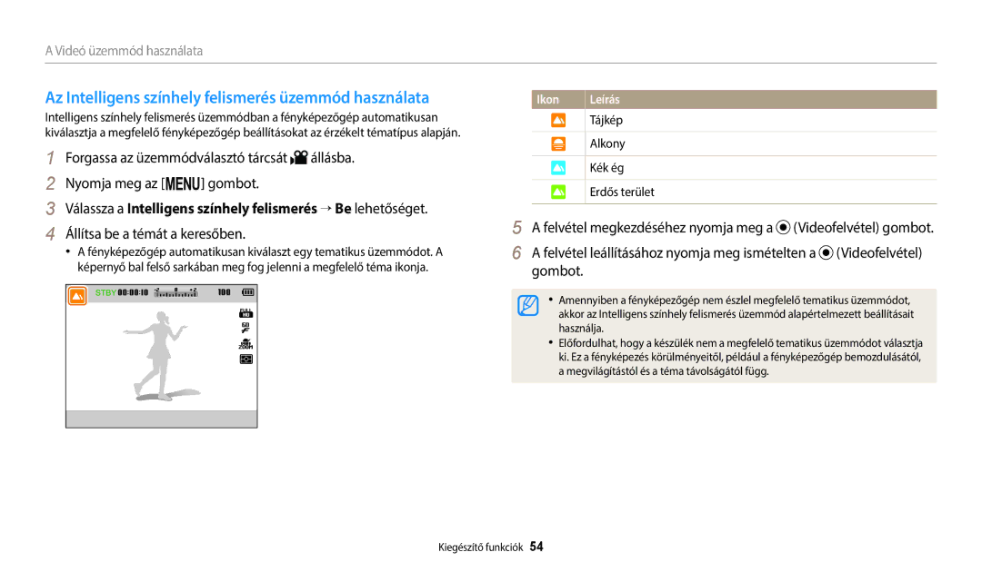 Samsung EC-WB2100BPBE3 manual Az Intelligens színhely felismerés üzemmód használata, Használja 