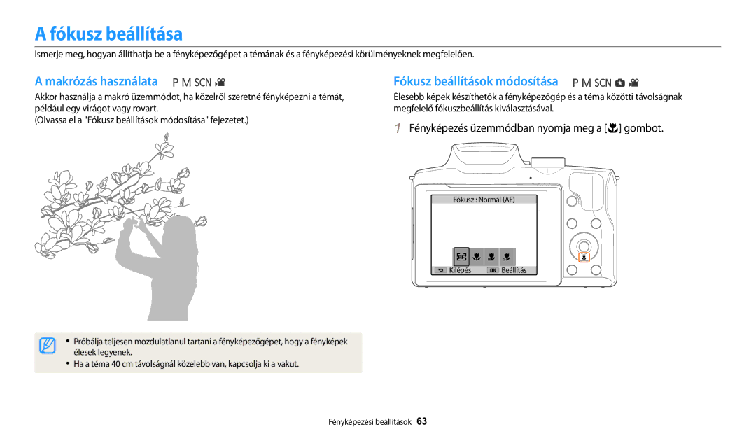 Samsung EC-WB2100BPBE3 manual Fókusz beállítása, Makrózás használata, Fókusz beállítások módosítása, Élesek legyenek 