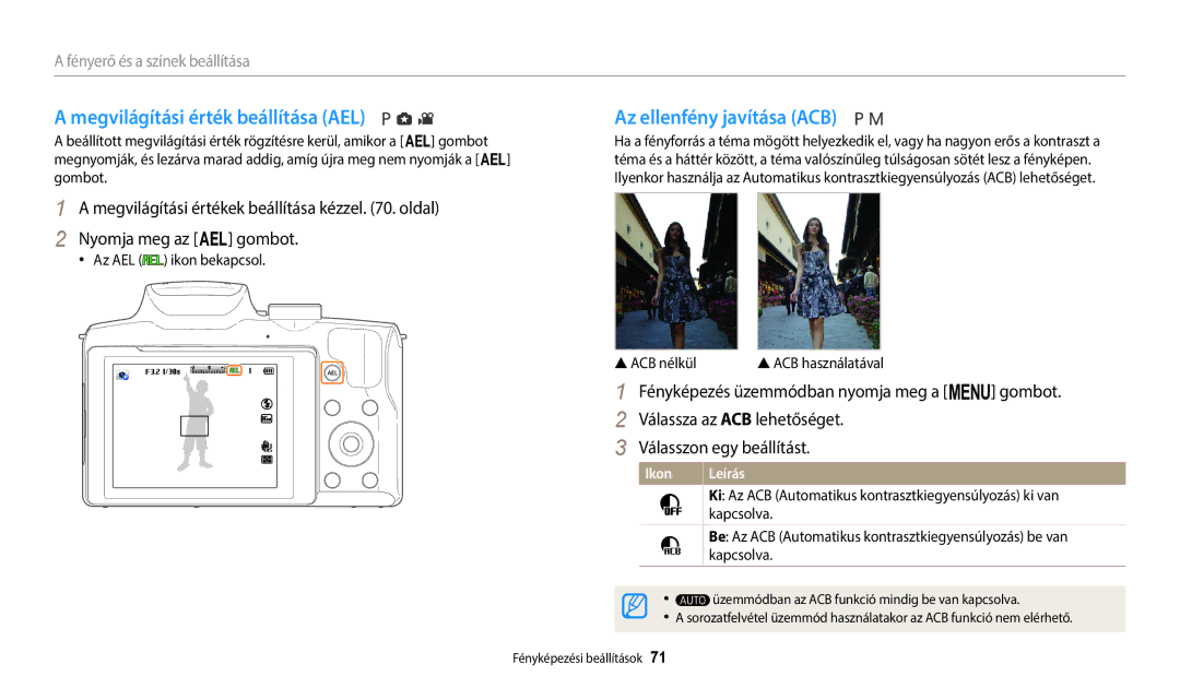 Samsung EC-WB2100BPBE3 manual Megvilágítási érték beállítása AEL, Az AEL ikon bekapcsol ACB nélkül, Kapcsolva 