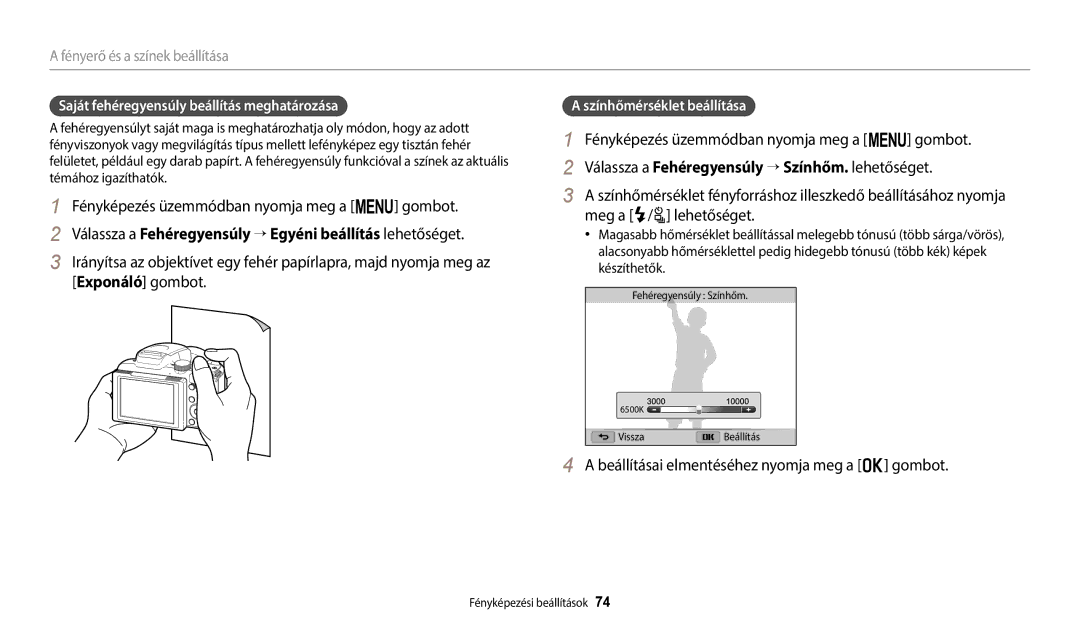 Samsung EC-WB2100BPBE3 manual Saját fehéregyensúly beállítás meghatározása, Színhőmérséklet beállítása 